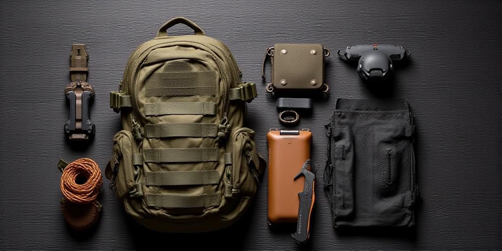 Equipaggiamento tattico ordinato su un tavolo di legno scuro